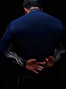 GymBeat Men's Casual Printed Stand Collar Long Sleeve T-Shirt - Navy Blue - View 2