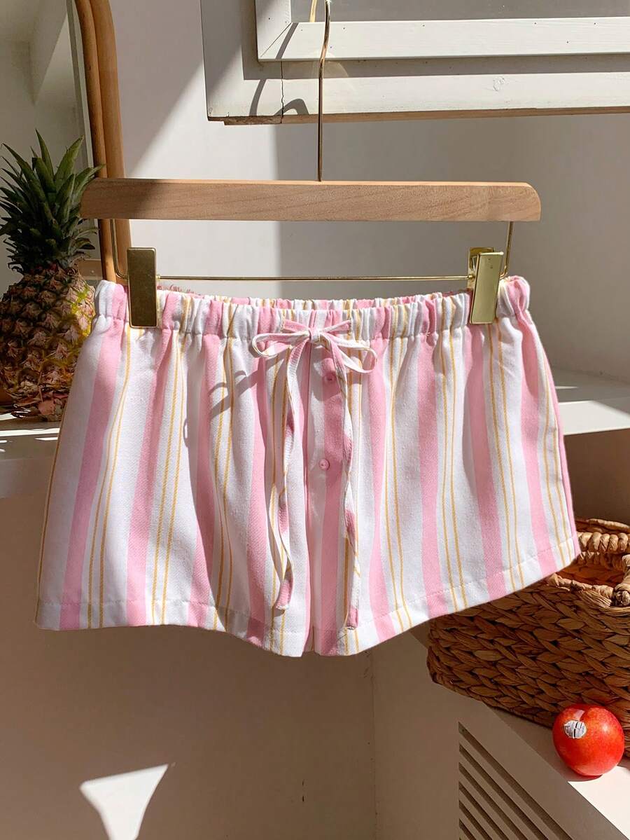 CovetEZ Damshorts med randiga knappar och dragsko i midjan, avslappnade shorts - Rosa - Visa 1
