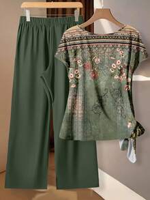 EMERY ROSE Plus Size Floral Print Batwing Sleeve Top And Pants 2 Pieces Set, Summer - Multicolor - View 2