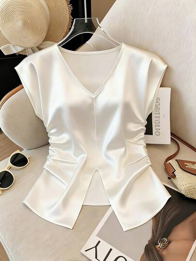 GlowEve Women's Solid Color V-Neck Pleated Design Split Hem Fashion Blouse