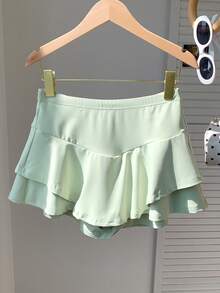 SHEIN EZwear Women's Mint Green Elastic Waist Ruffle Hem Skort - Mint Green - View 2