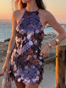 Aloruh Váy mini hở lưng màu tím cổ điển gợi cảm mới, phù hợp cho lễ hội âm nhạc, tiệc tùng, sinh nhật, chụp ảnh - Màu tím - Xem 2