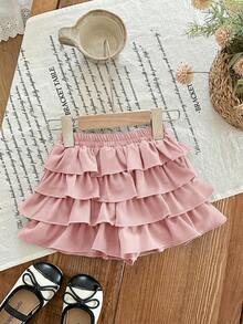 SHEIN Babygirl Summer Cute Vacation Casual Versatile Pink Ruffle Elastic Waist Mini Skirt - Pink - View 5
