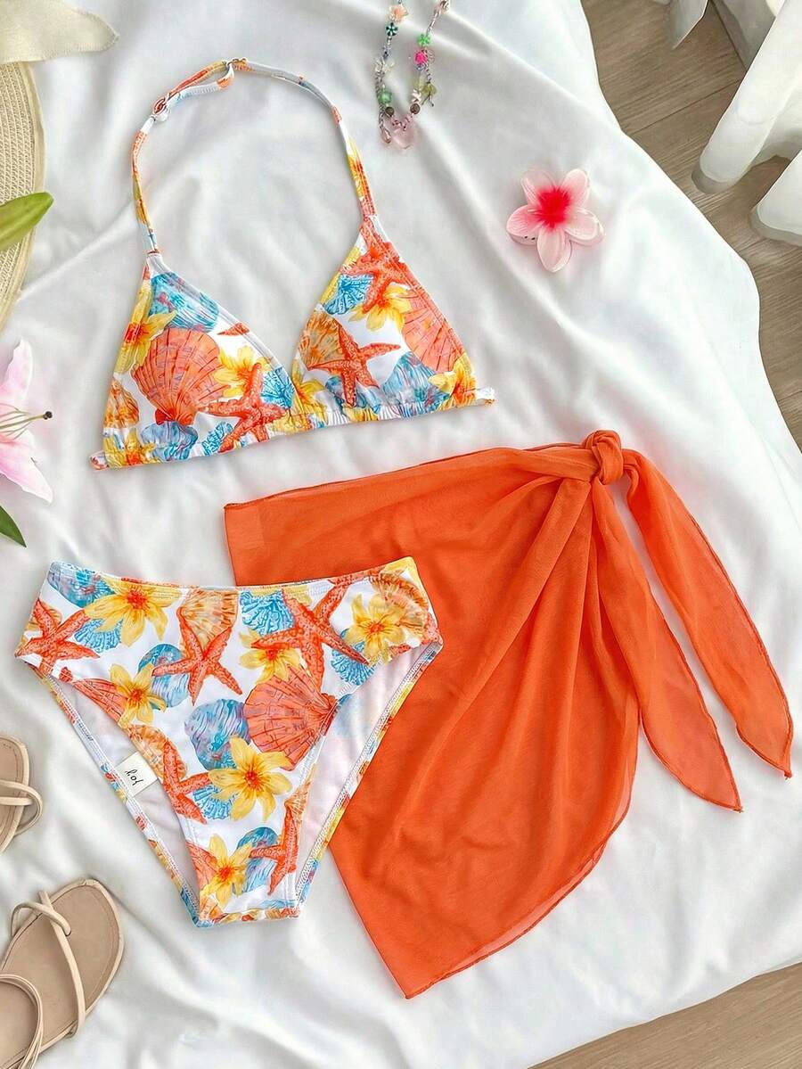 SHEIN 3pcs/Set Girls' Orange Shell Print Swimsuit Top & Bottoms, Beach Vacation Style - Multicolor - View 1