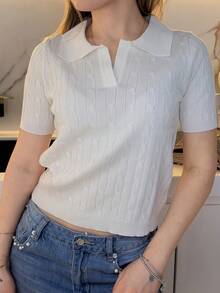 Katetique Casual Solid Color Polo Neck Short Sleeve Twist Knit Sweater - White - View 3