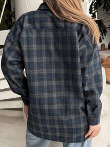 Katetique 女士宽松格子街头休闲校服衬衫，法兰绒女士长袖上衣 - 藍色 - 查看 2