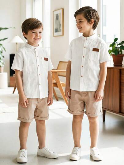 SHEIN Vacaura 2件套 青少年男童通勤休闲条纹立领衬衫和条纹短裤，舒适时尚