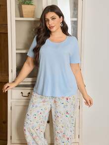 Serenescape Conjunto de pijama casual con top de camiseta de manga corta de cuello redondo y unicolor holgado en talla grande, combinado con pantalones rectos de pierna ancha con estampado floral - Multicolor - Ver 4
