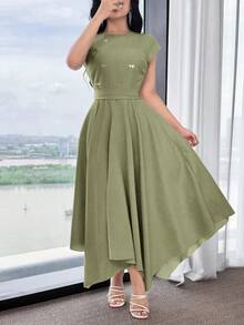 Feyla Women's Green Short Sleeve Rhinestone Decorated Long Dress - Green - View 7