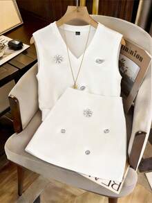 GlowEve 女士优雅钻石V领吊带背心和迷你裙两件套 - 白色 - 查看 6