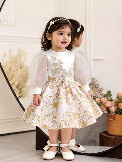 SHEIN Đầm dài tay in họa tiết vàng cho bé gái sơ sinh/trẻ nhỏ