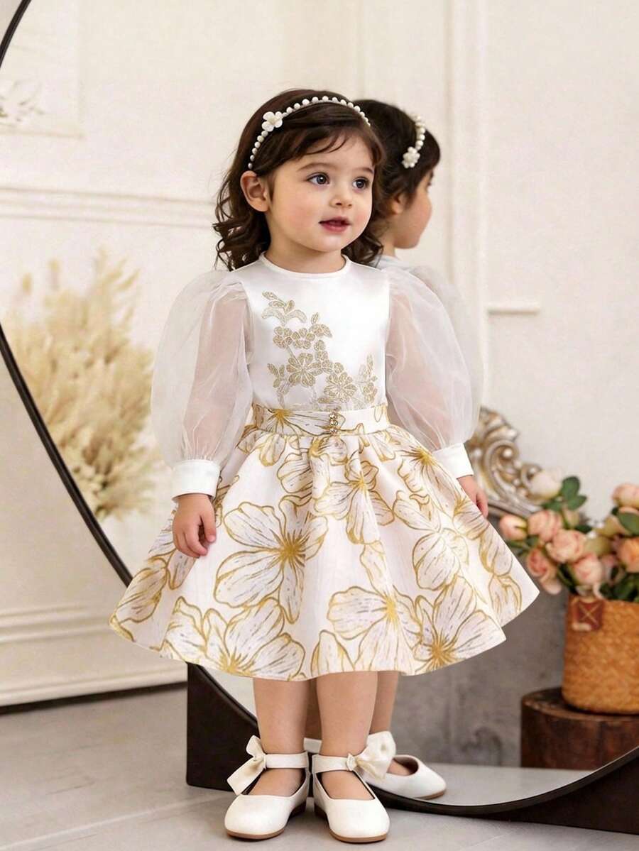 SHEIN 女婴/幼儿金色印花长袖连衣裙 - 彩色 - 查看 1