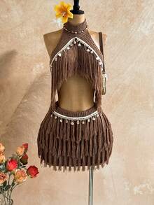 Soleia Women's Sequin Halter Knit Top And Knitted Mini Skirt Set, Summer, Ibiza Style, Holiday Vacation Sexy Festival Celebration, Autumn/Winter Shell 2 Pieces Set - Khaki - View 1