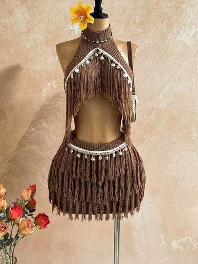 Soleia Women's Sequin Halter Knit Top And Knitted Mini Skirt Set, Summer, Ibiza Style, Holiday Vacation Sexy Festival Celebration, Autumn/Winter Shell 2 Pieces Set