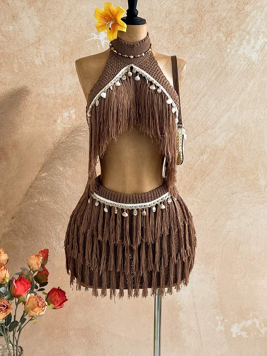 Soleia Women's Sequin Halter Knit Top And Knitted Mini Skirt Set, Summer, Ibiza Style, Holiday Vacation Sexy Festival Celebration, Autumn/Winter Shell 2 Pieces Set - Khaki - View 1