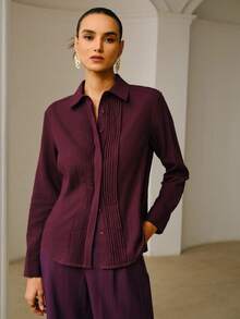 ZEYLAH Langarm-Hemd aus Leinenmischung mit Streifenmuster, lässiger Stadtlook für Frühling und Sommer - Violett - Übersicht 4