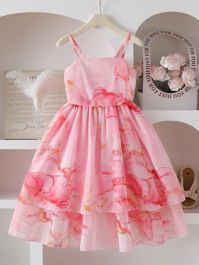 Elladie kids Summer Girls Sweet Floral Print Spaghetti Strap Dress, Multi-Layer Asymmetrical French Style Dress, Suitable For Vacation & Party