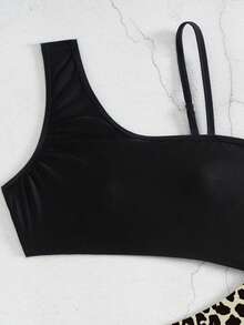 Tween Girl Leopardmönstrad Off-Shoulder Baddräkt i Helt Delat, Lämplig För Strandsemester, Poolparty, Strandfest - Svart - Visa 4