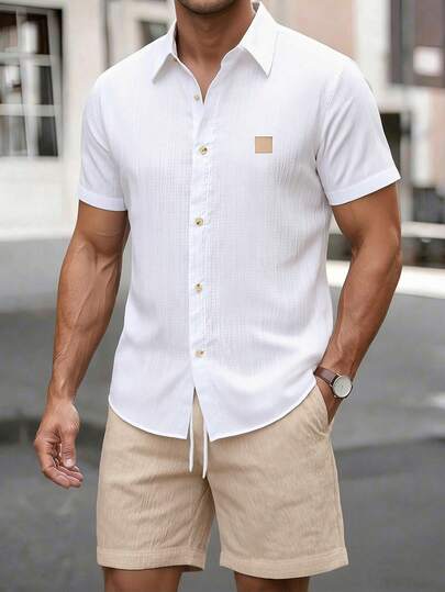 Manfinity Homme 加大码男士夏季两件套，轻盈透气衬衫和抽绳短裤套装，复古绅士风格休闲沙滩婚礼派对度假旅行装，父亲节送给丈夫、爸爸、男友的礼物，舒适百搭