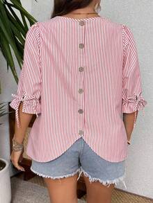 EMERY ROSE Striped Round Neck Cuff Tie Back Decor Button Plus Size Shirt - Red - View 1
