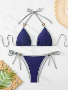 SHEIN Swim Basics 女士夏季沙滩修身露背系带性感比基尼和三角泳裤套装 - 彩色 - 查看 5