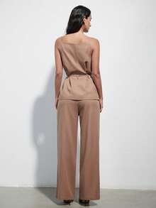 Aveloria Modichic Women's Suit Set,Khaki Summer Elegant Office Vintage Coin Beaded Belt Waist Cinching Linen-Like Fabric Vest Top & Straight Leg Suit Pants - Khaki - View 3