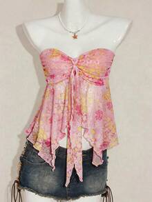 INAWLY 女士简约印花抹胸休闲上衣 - 粉色 - 查看 4