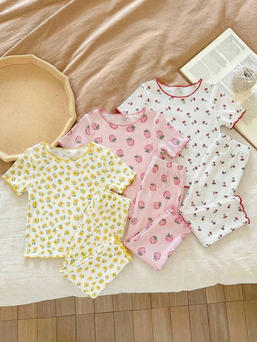 SHEIN LMoss Kids Dozemod 女嬰 6 件組可愛卡通熊與花卉印花荷葉邊短袖上衣與長褲針織睡衣套裝,白色與粉色,夏季,度假 - 彩色 - 查看 1