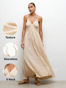 MAIJA Boho Maxikleid mit gehäkelter Bordüre und geraffter Taille - Aprikosenfarben - Übersicht 1