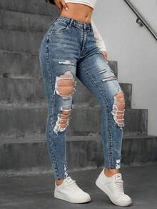 Jeanoix Women's Fashion Ripped Pocket Skinny Jeans Day Blue Summer Grunge - Medium Wash - View 5