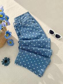 Comfortcana 女士波点图案口袋宽松休闲百搭牛仔裤 - 藍色 - 查看 5