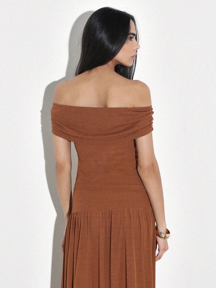 KSTM Women's Off Shoulder Rust Brown Gathered Bardot Top With Ruched Detailing And Flowing Tiered Hem For Fall Autumn Fashion