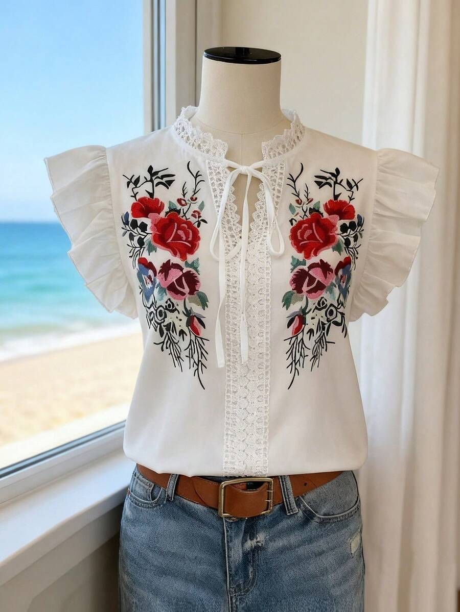 SHEIN Franclia Áo kiểu nữ thanh lịch, duyên dáng với họa tiết hoa và viền bèo nhún. - trắng - Xem 1