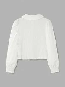 lacRébo White Woven Long Sleeve Shirt With Round Collar And Shirred Bodice Officewear Commuter Chic French Style Parisian Style - White - View 9