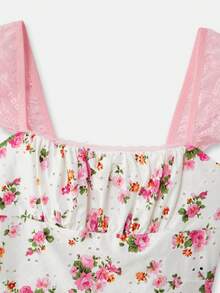 lacRébo 花卉印花刺绣复古可爱上衣，配粉色蕾丝袖和同款内裤内衣套装 - 彩色 - 查看 11