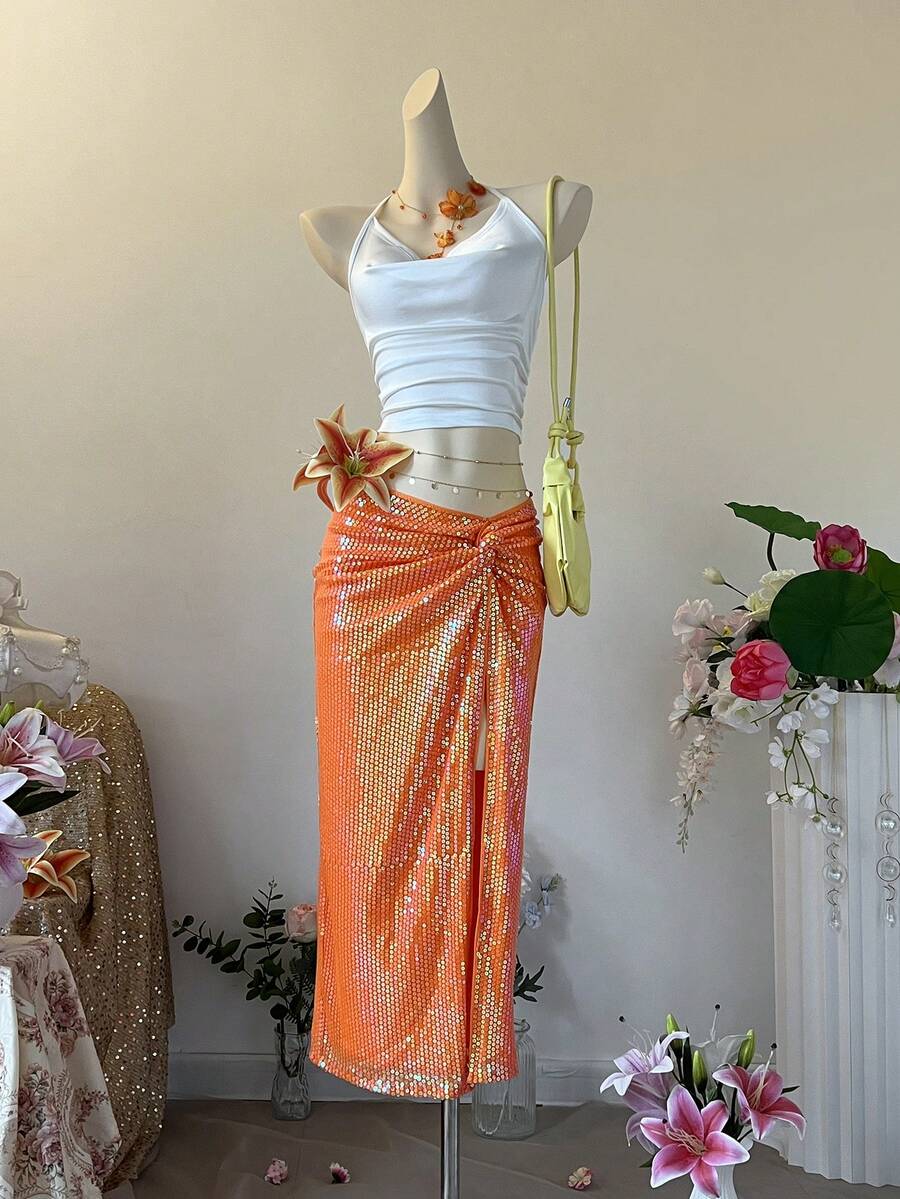 Women's Twist Design Casual Summer Vacation Skirt - Orange - View 1