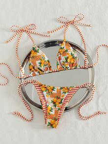 Swim Vcay Bộ bikini nữ mùa hè đi biển, dự lễ hội âm nhạc, kiểu nơ, sọc, in hình chanh, thắt nút, dễ thương, thích hợp cho kỳ nghỉ. - Nhiều màu - Xem 4