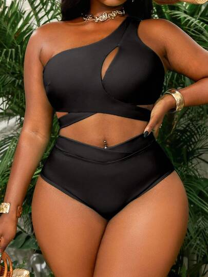 Slaydiva Plus Size Women Solid Color Hollow Out Tie Strap Two Pieces Swimsuit