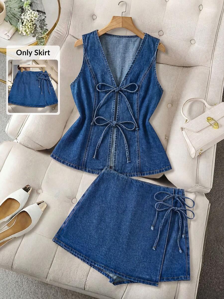GlowEve Women's Casual Versatile Side Tie Denim Skirt - Blue - View 1