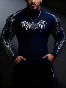GymBeat Men's Casual Printed Stand Collar Long Sleeve T-Shirt - Navy Blue - View 3