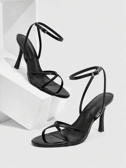 CUCCOO SZL Women Shoes Women's New Simple Fashion High Heel Color Scheme Cloth Thin Square Heel Ankle Strap Round Toe Cross Strap Sexy Versatile Commuter Mirror PU Material Spring Summer Four Seasons Workplace Festival Party Dating Street Fashion Classic Sandals Elegant Women's Shoes