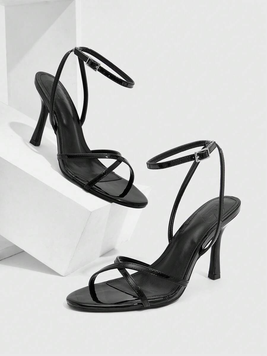 CUCCOO SZL 女鞋 新款简约时尚高跟鞋 布面细跟方跟踝带圆头交叉绑带性感百搭通勤镜面PU材质春夏四季职场节日派对约会街头时尚经典凉鞋优雅女鞋 - 黑色 - 查看 1