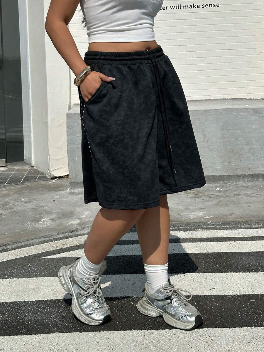 Muchica 2026SSpring And SummerPlus Size Women Street Style Casual Drawstring Shorts - Black - View 1