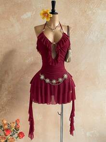 Soleia 女士休闲度假镂空荷叶边金属装饰吊带连衣裙，适合海滩、邮轮、春夏穿着 - 酒紅色 - 查看 10