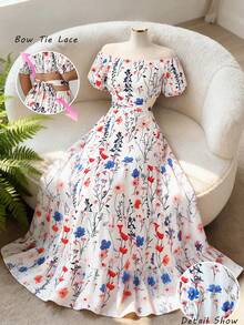 Elenzga 新款优雅印花露肩泡泡袖镂空腰身长款连衣裙，适合日常穿着、婚礼、晚宴、通勤、毕业典礼、节日、度假、约会、派对、万圣节、圣诞节、新年、感恩节等场合。 - 杏色 - 查看 3