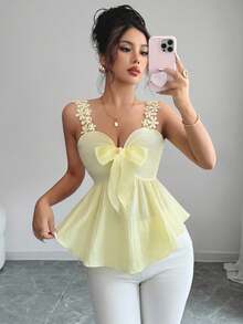 Elenzga 女士奶油黄新款纹理面料法式优雅简约性感蝴蝶结Y2K甜美设计吊带背心，适合7月4日穿着。 - 黃色 - 查看 4