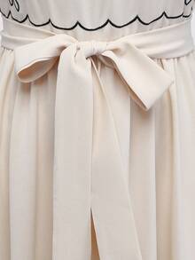 GlowEve 女士浅杏色撞色刺绣腰部A字连衣裙，魅力优雅甜美可爱，适合日常、度假、通勤、约会等各种场合，法式街头复古百搭春夏新款浅杏色无袖中长连衣裙 - 杏色 - 查看 6