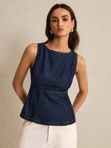 Poéselle Women's Round Neck Sleeveless Backless Denim Top - Dark Wash - View 5
