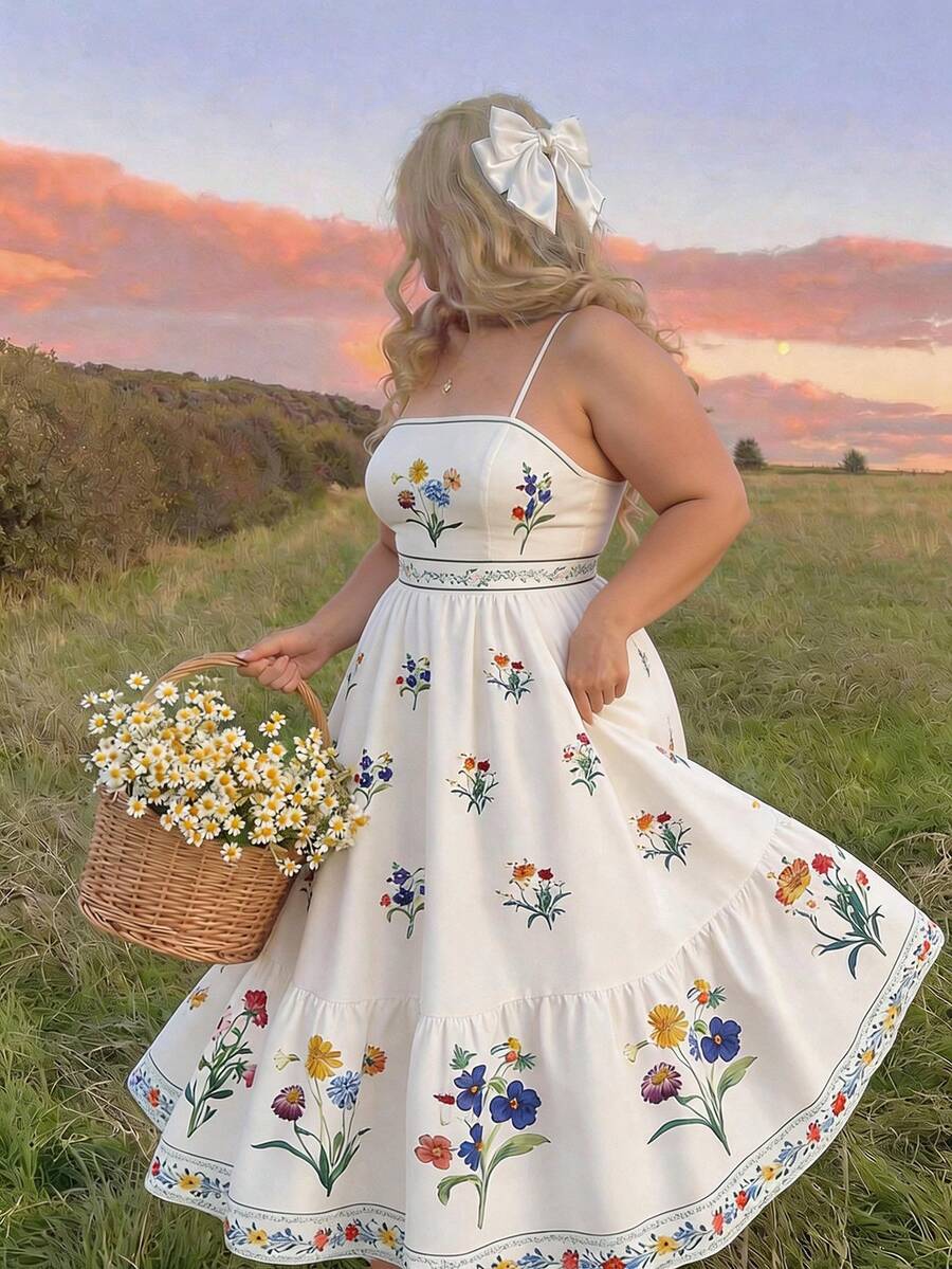 SHEIN MOD 大码女式花卉印花波西米亚风格连衣裙，适合度假、浪漫、女式夏季服装、女式度假服装、女式沙滩装、女式西部装、女式花卉连衣裙、女式连衣裙、女式夏季连衣裙、女式连衣裙、太阳裙、女式春季连衣裙、女式太阳裙、女式中长连衣裙、女式复活节连衣裙、女式长裙、女式长裙、女式夏季春季婚礼连衣裙、沙滩裙、太阳裙、度假服装 - 彩色 - 查看 1