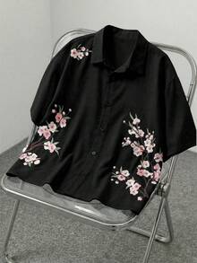 AXEPEAK 男士印花纽扣短袖衬衫 - 黑色 - 查看 5